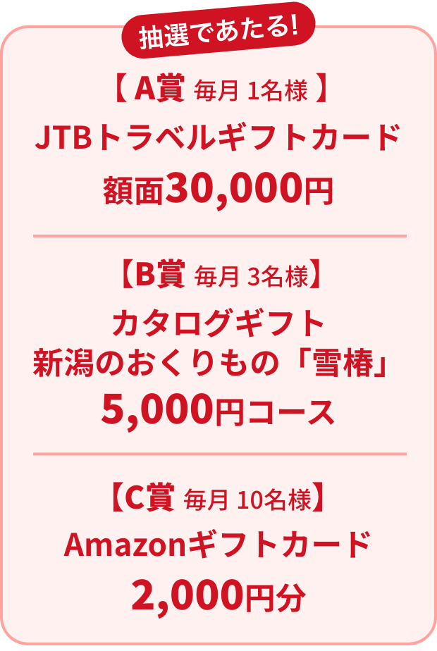 抽選であたる!A賞 JTBトラベルギフトカード30,000円 B賞 カタログギフト新潟のおくりもの「雪椿」5,000円コース C賞 Amazonギフトカード2,000円分
