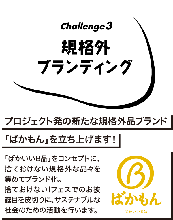 Challenge3 プロジェクト発の新たな規格外品ブランド「ばかもん」を立ち上げます! 「ばかいいB品」をコンセプトに、捨ておけない規格外な品々を集めてブランド化。すておけない!フェスでのお披露目を皮切りに、サステナブルな社会のための活動を行います。